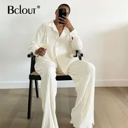 Bclout Beige Elegant Pleated Pants Women'S Suit Turn Down Collar Long Sleeve Blouse High Waist Set Woman 2 Piece Chic 220315