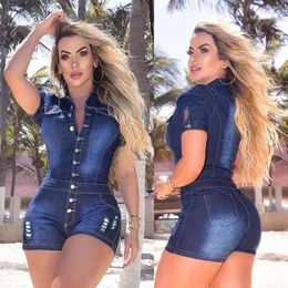 Kvinnors Jumpsuits Rompers Adogl Women Classic Button Up Kortärmad Denim Tvättad Playsuit Turn-down Collar Streetwear Jeans Bodysuit på