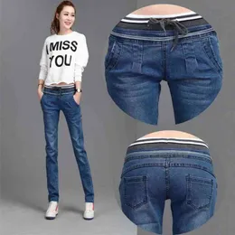 Plus Size 26-40 Casual Pants Slim Elasticity Waist Lace Jeans For Women Elastic Blue Pencil Fashion Denim Trousers 211129