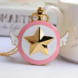 Pocket Watches Japan Anime Cardcaptor Sakura Golden Watch Necklace Star Wings Pendant Chain Clock Women Girls Gift253C