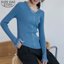 가을 겨울 패션 레이스 V 넥 슬림 니트 여성 스웨터 긴 소매 어두운 줄무늬 옷 솔리드 풀오버 6458 50 210510