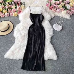 Kimutomo kobiety elegancka sukienka vintage francuski styl mody damy a-line party sukienka solidna plisowana bez rękawów vestidos 210521
