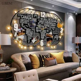 Nordic Creative Duży Rozmiar Mapa Świata Ściana Salon Dekoracje Home Decoration Luminous Zegar 210414