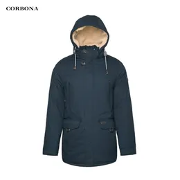 Corbona Högkvalitativ varm bomullskläder Mäns Jacka Business Casual Mid-Length Mode Tjockad Coat Lambull i Hat 211206