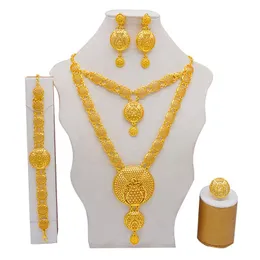 Earrings & Necklace 24K Dubai Gold Color Jewelry Sets For Women Double Layer Rings Bridal African Wedding Wife Gifts