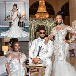 Luxurious Crystals Mor Beading Wedding Dress 2021 Plus Size African Long Sleeves High Neck Mermaid Bridal Gowns See Through Lace Arabic Vestidos De Novia AL9322