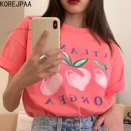 Korejpaa Women T-shirt Korean Chic Summer Fashion Peach Print Loose Casual and Versatile Pullover Short Sleeve Tee Top 210526