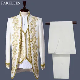 Mens England Style Tuxedo Suit Classic White Palace Blazer Men Longline Prom Stage Party Singer 3 Piece Dress Suits Homme Hombre X0909