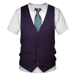 2021 Lato z krótkim rękawem Streetwear Fałszywe Kamizelka Kamizelka 3D T Shirt Moda Funny Fake Suit Smokiem Tuxedo Bow Tie Tie 3D Drukowane Mężczyźni Koszulki X0621