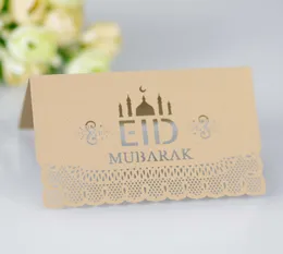 Eid Mubarak Party Karta Siedzenia 100 Sztuk / partia Ramadan Papier Tabela Zaproszenie Hollow Out Place Karty Muzułmańska Wystrój Festiwalu Islamskiego
