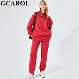 Gcarol Fall Winter女性の長いフード付きスーツ80％綿フリース特大ボーイフレンドスウェットシャツ弾性ウエストハーレムパンツ211105