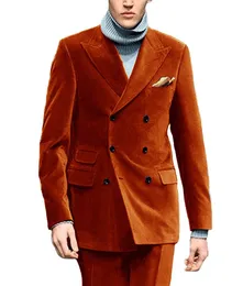 Orange Mäns Velvet Suitjacka 2 Piece Double Breasted Groom Tuxedos Slim Fit Wedding Suits (Blazer + Pants) Blazers