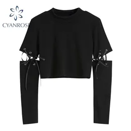 Z długim rękawem Split Sznurek Lace-Up Crop T Shirt Lato Nowa Streetwear Gothic Punk Czarne Tees Mujer Crewneck Trendy Topy 210417