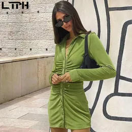 Avocado Green Vintage Lapel Long Sleeve Single Breasted Shirt Dress Fashion Fold Slim Package Hip dresses Fall 210427