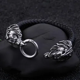 Tennis TrustyLan Bracciale in acciaio inossidabile Gioielli da uomo Cool Punk Double Lion Heads Wrap Cinturino in pelle Bracciali da uomo Braccialetti 2021