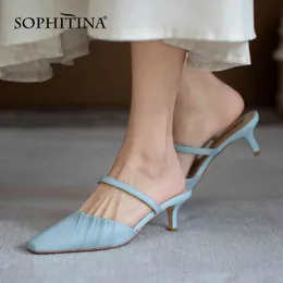 Sophitina Zarif Stiletto Sandalet Kadınlar Kare Toe Pileli Tasarım Ayakkabı Deri Ofis Bayan Basit Slip-On Kadın Ayakkabı AO233 210513