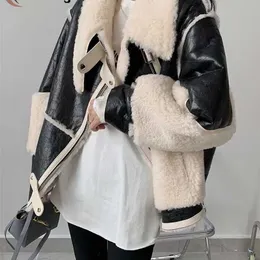Cotday Långärmad Fashion Fur Body Coat Kvinnor Jacka Lamm Gräs Korta Läder Motorcykel Vinterrockar 211220