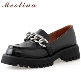 Med Heels Cow Split Leather Loafers Shoes Woman Platform Chunky Heel Pumps Chain Round Toe Ladies Footwear Black Size 40 210517