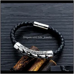 Charm Jewelryvintage Special Rune Steel Ring Leather Magnetic Buckle Woven Bracelets For Men Drop Delivery 2021 Acr4H
