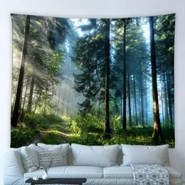 タペストリー風景風景ビッグタペストリー霧の森木熱帯緑の植物ボヘミアの壁掛け布リビングルームの寝室の家の装飾