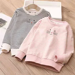 Spring Autumn Fashion 3 4 5 6 7 8 9 10 Years Children Cotton Cartoon StripedSlim Sweatshirts For Kids Baby Girls 210414