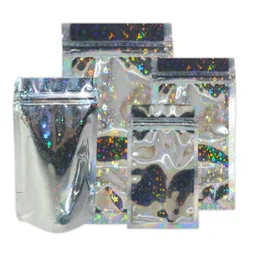 Återförsäljbar luktsäker väskor Foliepåse Plattväska för Party Favor Food Storage Holografisk färg med Glitter Star