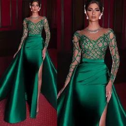 Emerald Green Mermaid Evening Dress With Detachable Train Elegant Satin High Split Full Sleeves Party Gowns