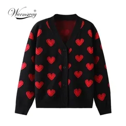 愛のハートパターン暖かいセータージャケット春秋の女性エレガントな編み物ビンテージVネックルーズ厚いカーディガンコートc-110 211103
