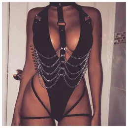 Sexy Women Metal Chain Bodysuit PU Splice Deep V Neck Black Solid Overalls Novel Night Club Bandage Jumpsuits and Romper 210517