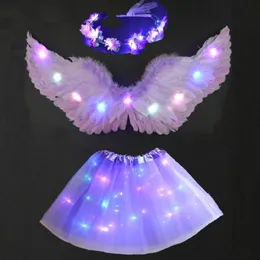 Party Decoration Princess LED Glow Light Up Skirt Tutu Hairband Feather Wing Wreath Birthday Wedding Fancy Dress Angel Costume Cosplay Set