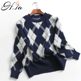H.SA Women Sweater and Pullovers Argyle Pull Knitwear Plaid Pull Tops Vintage Retro Female Sweater Tops Christmas Pullover 210716