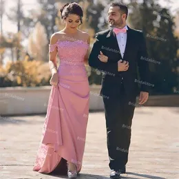 Elegant rosa sjöjungfrun kvällsklänning med spets tåg off axlarna satin arabiska prom klänningar 2021 Femme abendkleider vestidos fiesta robe de soirée mariage