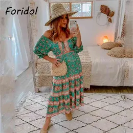 Floral Print Bohemian Long Summer Dress Women Vintage Cotton Maxi Beach Holiday Green Boho Sash 210427