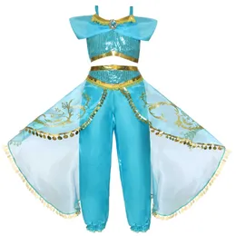 Aladdin Princess Jasmine Sequin Top and Skirt Pantsの子供のコスプレ衣装2ピーススーツ