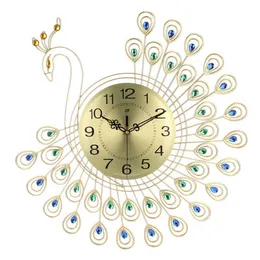 Большое 3D золото алмазные павлин настенные часы металлические часы для дома гостиная украшения DIY часов украшения 53x53см 210930