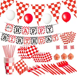 Tek kullanımlık yemek giysisi kafes yarış arabası sürüş sofrası kırmızı beyaz masa örtüsü afiş kağıt tabakları bardak peçete seti çocuk doğum günü partisi