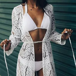 2021 Sexy Robe Women Bikini Cover ups Cardigan Dresses Lace Crochet Hollow Out Pareos Para play Tunics beach dress