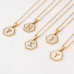 White real shell 26 initial capital letters A to Z Alphabet pendant quality hexagon shape Stainless Steel square charm necklace with 18k gold chain for lady girls