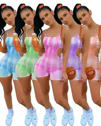 Hollow Tie-dye Stretch Jumpsuit Ladies 2021 Sexy Party Short Jumpsuit Rompers Summer Backless Bodysuit Tights Bodysuit Suit