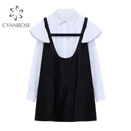 White Blouses+Black PU Faxu Leather Vest Dress Women's Outfits Summer Streetwear E-Girl Aesthetic Rok 2 Pieces Sets Ladies 210515