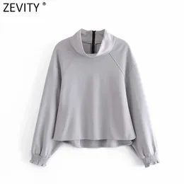 Zevity New Womenファッションソリッドカラーバックジッパーカジュアルルース非対称スウェットシャツ女性ベーシックシックブランドプルオーバートップH518 210419