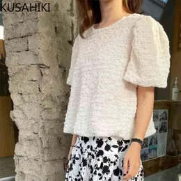 Nomikuma słodki rękaw puff kobieta koszule przyczynowe o-neck lato elegancka bluzka wierzchołki koreański bluzę mujer de moda verano 6J730 210603