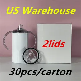 Local Warehouse! 2 lock 12oz sublimering sippy koppar med platt lock handtag lock ingen läpp rostfritt stål rakt vatten flaskor dubbla isolerade muggar barn tumblers A12