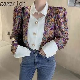 Gagarich mulheres blusa elegante outono temperamento de moda oco floral chiffon lapela bolha manga camisa femme 210410