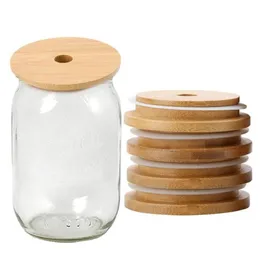 Eco Friendly Reusable Bamboo Wood Lids Wide Mouth Cup Mason Jar Lid With Straw Hole Storage Bottles Covers Caps Seal Ring 70mm 86mm