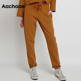 Aachoae solid full längd byxor kvinnor dragsko kontor casual byxor pläterad mjuk sport stil penna byxor kvinnlig ropa mujer q0801