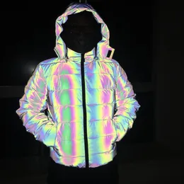 Mens Parka Reflekterande Vinter Tjock Bomull Coat Men Reflekterande Färgrik Ljus Vattentät Vindtät Tjocken Håll Varma Overcoat Hooded Jackor