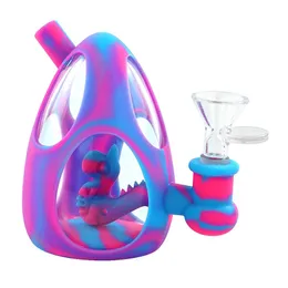 Cachimbo de água de água de silicone dinossauros de dinossauros Bongoh Bongs Dab Plate com tubos de fumantes de tigela de vidro