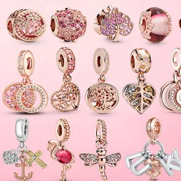 925 Sterling Silver Flamingo Leaf Rose Flower Charm CZ Luxury Beads Fit Pandora Bracelet For Women 925 Jewelry Gift