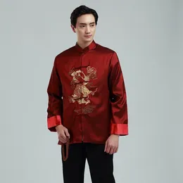 中年と高齢者のタングスーツジャケットの男性長袖シャツ中華伝統的なチョンサムトップレトロ刺繍ドラゴンエスニック服高品質